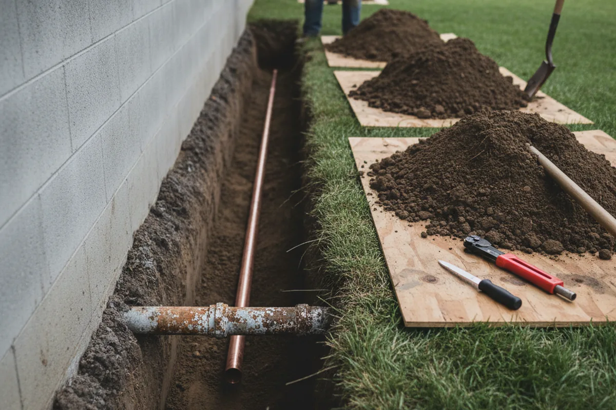 Excavated water line trench during Sewer Line Repair in Ottawa